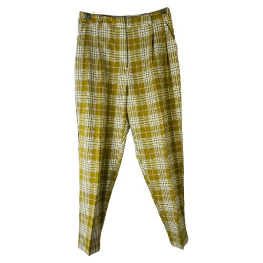 ASOS green yellow white pink plaid preppy high waisted pleated ankle pants 6
